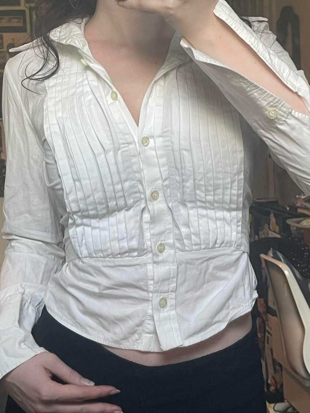 Women's White Pleated Button-Down Shirt